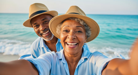 Joyful senior couple taking a selfie together on a sunny beach, smiling and enjoying vacation by the sea in matching summer hats.の素材
