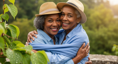 Smiling senior women embracing outdoors in summer, expressing love, joy, and friendship against a lush, green natural background.の素材