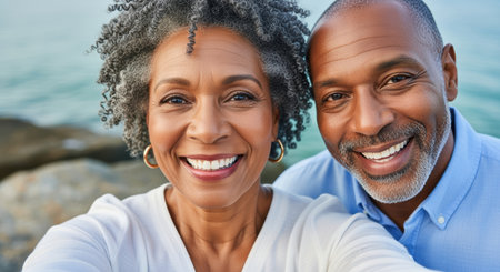 Smiling senior couple enjoying a relaxing day outdoors by the water, capturing a cheerful close up selfie together.の素材