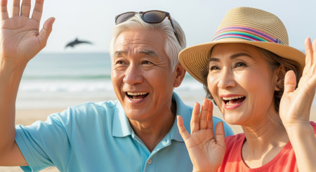 Joyful elderly couple waving and smiling together on a sunny beach vacation with clear ocean waves in the background.の素材