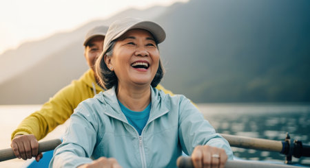 Joyful mature woman rowing a boat on a calm lake with scenic mountains in the background during a bright morning adventure.の素材