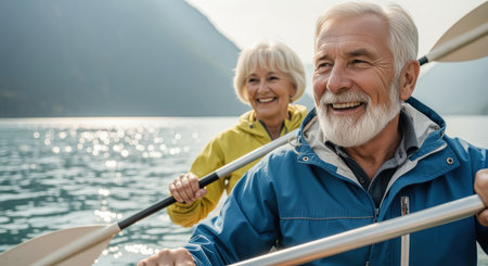 Senior couple kayaking together on a peaceful mountain lake under sunlight, enjoying outdoor adventure and leisure time.の素材