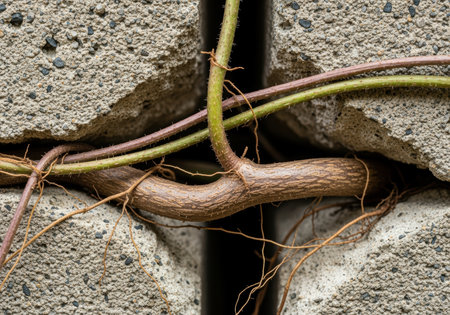 Climbing plant vines entwined through gaps in rough concrete blocks, displaying resilience and natural growth in an urban environment.の素材
