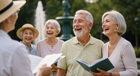 Happy senior adults enjoying group singing outdoors in park, sharing laughter and music together in a joyful community setting.の素材