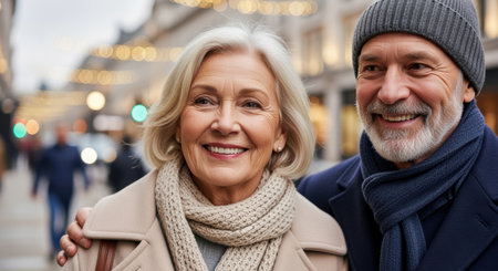 Smiling older couple enjoying a winter stroll outdoors in the city, dressed warmly with scarves, coats, and cheerful expressions.の素材