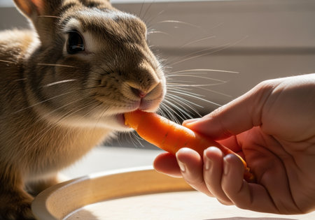 Curious brown rabbit gently nibbling on a fresh carrot offered by a human hand in soft natural morning sunlight.の素材