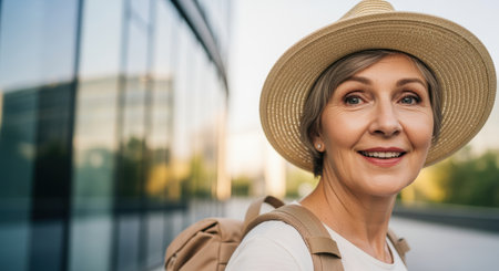 Smiling mature woman with gray hair wearing a straw hat and backpack outdoors near modern glass building in sunlight.の素材