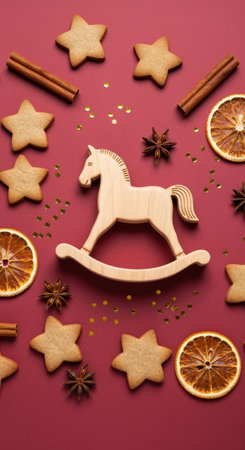 Wooden rocking horse surrounded by gingerbread cookies, dried orange slices, star anise, and cinnamon sticks on red background.の素材