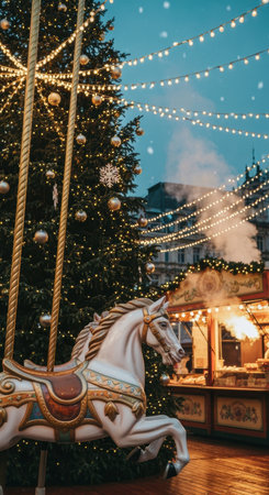 Festive carousel horse in front of a decorated christmas tree and illuminated market stalls at a lively winter evening fair.の素材