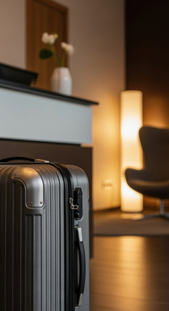 Modern suitcase in elegant hotel lobby with soft lighting and contemporary furniture, emphasizing travel and hospitality comfort.の素材