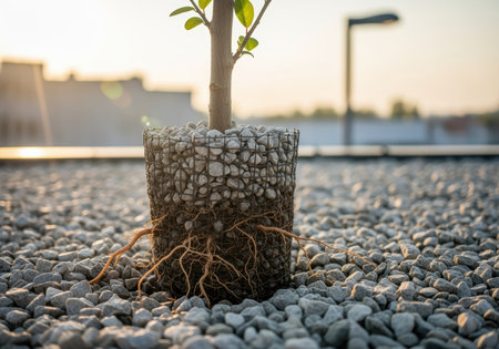 Young sapling with exposed roots and a mesh soil container growing on a rooftop filled with gravel during golden hour.の素材