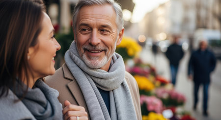 Smiling mature couple enjoying a stroll together in a city street lined with colorful flower stands on a crisp day.の素材