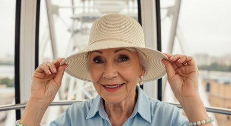 Elegant senior woman enjoying a day at the fair, smiling and adjusting her wide brimmed hat while riding a city ferris wheel.の素材