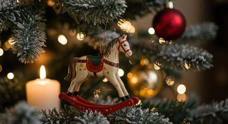 Classic wooden rocking horse ornament hanging on snow dusted christmas tree branch with glowing festive lights and candle.の素材