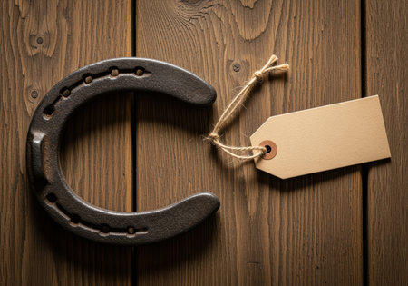 Iron horseshoe with attached blank label on rustic wooden background, symbolizing luck, western tradition, and vintage decor.の素材