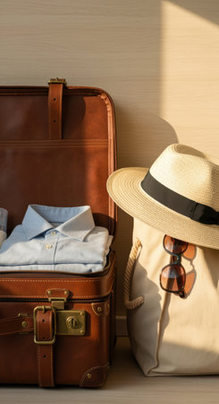 Neatly packed suitcase and travel essentials including a sunhat, sunglasses, and canvas bag in bright natural morning light.の素材