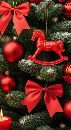 Red rocking horse ornament and bows decorating a festive evergreen tree with shiny baubles and glowing holiday candle.の素材