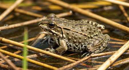 Spotted brown frog resting on wet reeds in natural marsh habitat with intricate skin texture and camouflaged patterns.の素材