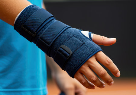 Close up of a person's hand and wrist wearing a blue orthopedic support brace during physical recovery in an outdoor setting.の素材