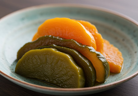 Slices of green and yellow pickled vegetables arranged on a ceramic plate for a healthy and colorful appetizer or side dish.の素材