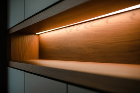 Modern wooden cabinet shelf with built in led strip lighting, minimal interior design, warm ambiance and clean lines.の素材