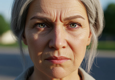 Mature woman with gray hair and expressive eyes standing outdoors in natural sunlight, showing emotion and facial detail.の素材