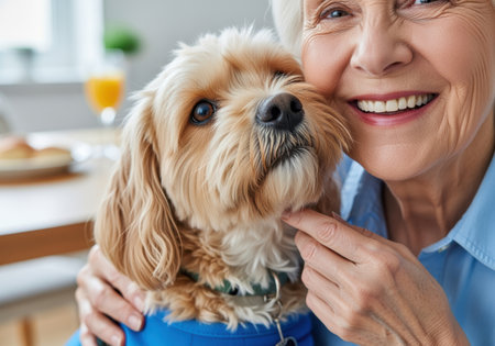Senior woman smiling while cuddling her fluffy small dog indoors, both expressing warmth, happiness, and companionship.の素材