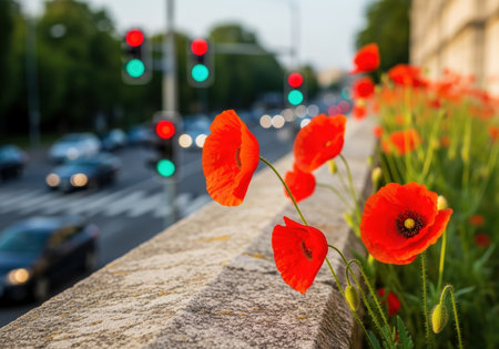 Vibrant red poppy flowers growing along a city street with blurred traffic lights and cars in the background on a sunny day.の素材