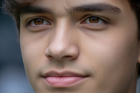 Close up of confident young man with clear skin and brown eyes looking ahead in natural outdoor lighting.の素材