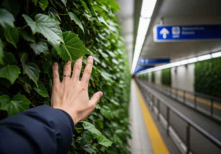 Person gently touching green ivy leaves along a wall in a modern indoor subway corridor with tactile paving and signage.の素材