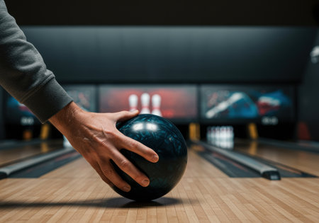 Bowler preparing to release blue bowling ball on polished wooden lane aiming at pins in a dimly lit bowling alley.の素材