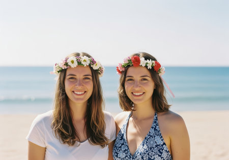 Two young women with floral crowns smiling on a sunny beach near the ocean, enjoying a warm summer day together outdoors.の素材