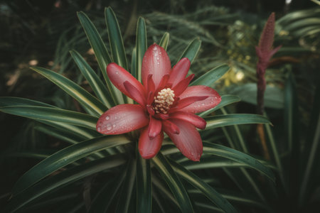 Vibrant red tropical flower with water droplets on petals surrounded by lush green leaves in natural outdoor garden setting.の素材