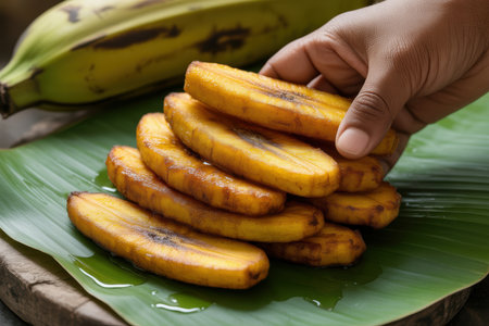 Hand arranging freshly fried ripe plantains on banana leaf, showcasing traditional tropical snack and vibrant natural textures.の素材
