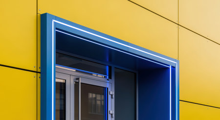 Modern architectural entryway with blue frame and glass doors set against a geometric yellow wall with contemporary minimal design.の素材