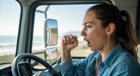 Young tired woman yawning while driving on a scenic coastal road, experiencing fatigue and lack of alertness behind the wheel.の素材