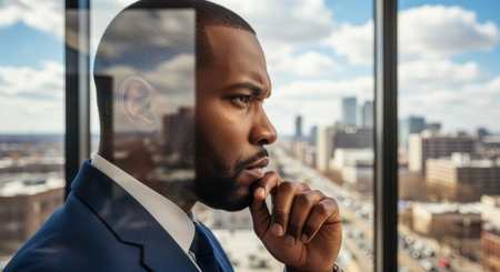 Confident business professional gazing out urban office window, contemplating future growth opportunities in modern cityscape.の素材