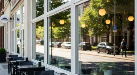 Modern outdoor cafe seating with empty tables and chairs reflecting urban street, greenery, and parked cars on a sunny day.の素材