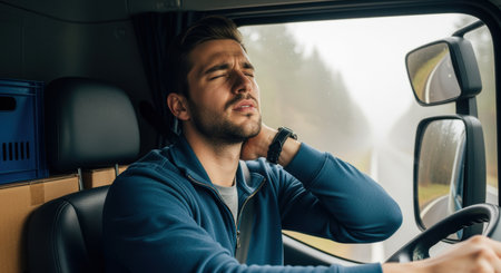 Tired male truck driver experiencing neck pain while working long hours on highway with overcast weather outside vehicle window.の素材