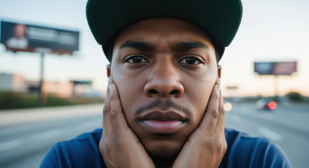 Pensive young man standing by a busy urban road, resting his face in his hands and gazing thoughtfully into the distance.の素材