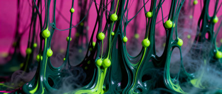 Abstract vivid green slime strands with floating yellow beads and mist against a bright pink background in a surreal composition.の素材