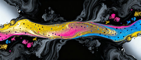 Abstract vibrant flow of gold, pink, and blue pigments with black swirling background and dynamic modern liquid movement.の素材
