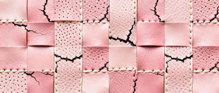 Textured pink leather squares with cracks and perforations arranged in a woven pattern background.の素材