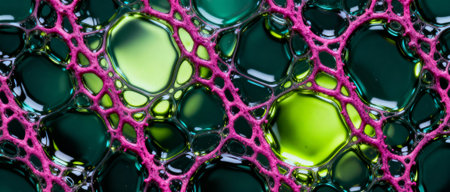 Macro close up of vibrant green and yellow soap bubbles with intricate pink mesh pattern, abstract fluid surface detail.の素材