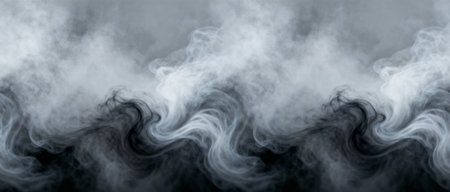 Thick swirling white and black smoke rising in dynamic waves against a smoky gray background with atmospheric haze and movement.の素材