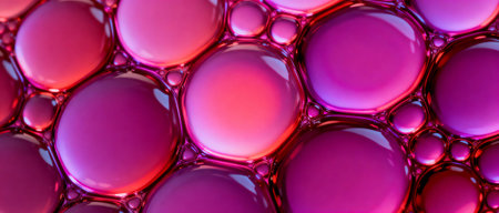 Vivid closeup of colorful oil bubbles merging in liquid with pink, purple, and red hues reflecting abstract modern patterns.の素材