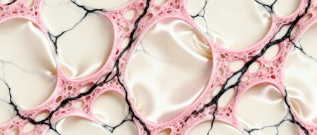 Abstract close up of smooth cream colored surface with pink and black organic mesh forming interconnected cellular patterns.の素材