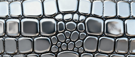 Reflective metallic crocodile skin texture closeup pattern with organic geometric shapes in abstract reptile design surface.の素材