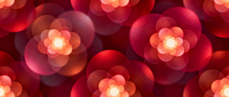 Glowing abstract red flower pattern with multiple overlapping translucent circles and luminous center elements on deep background.の素材