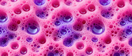 Vivid macro view of pink and purple bubbles with glossy water droplets forming an abstract colorful foam texture background.の素材